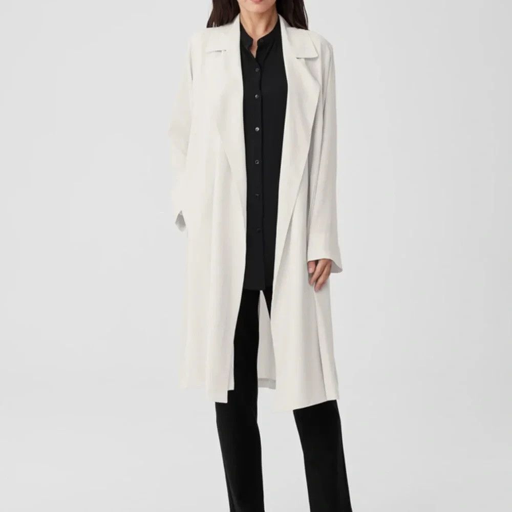 Eileen Fisher Ivory Silk Georgette Crepe Trench Long Coat $398 Small